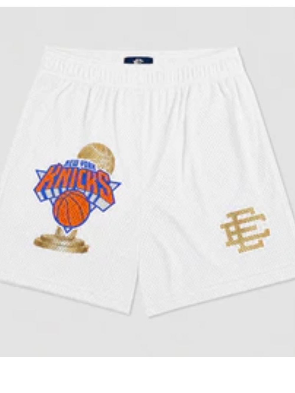 Eric Emanuel White Mesh Shorts with Orange & Gold Knicks Crest
